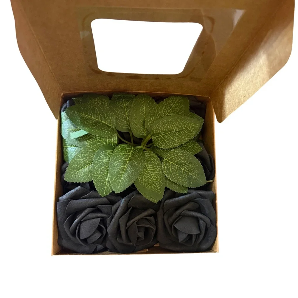 NWT 9Pc Black Artificial Roses w/ Stems Real Touch Foam Flowers DIY Wedding Goth